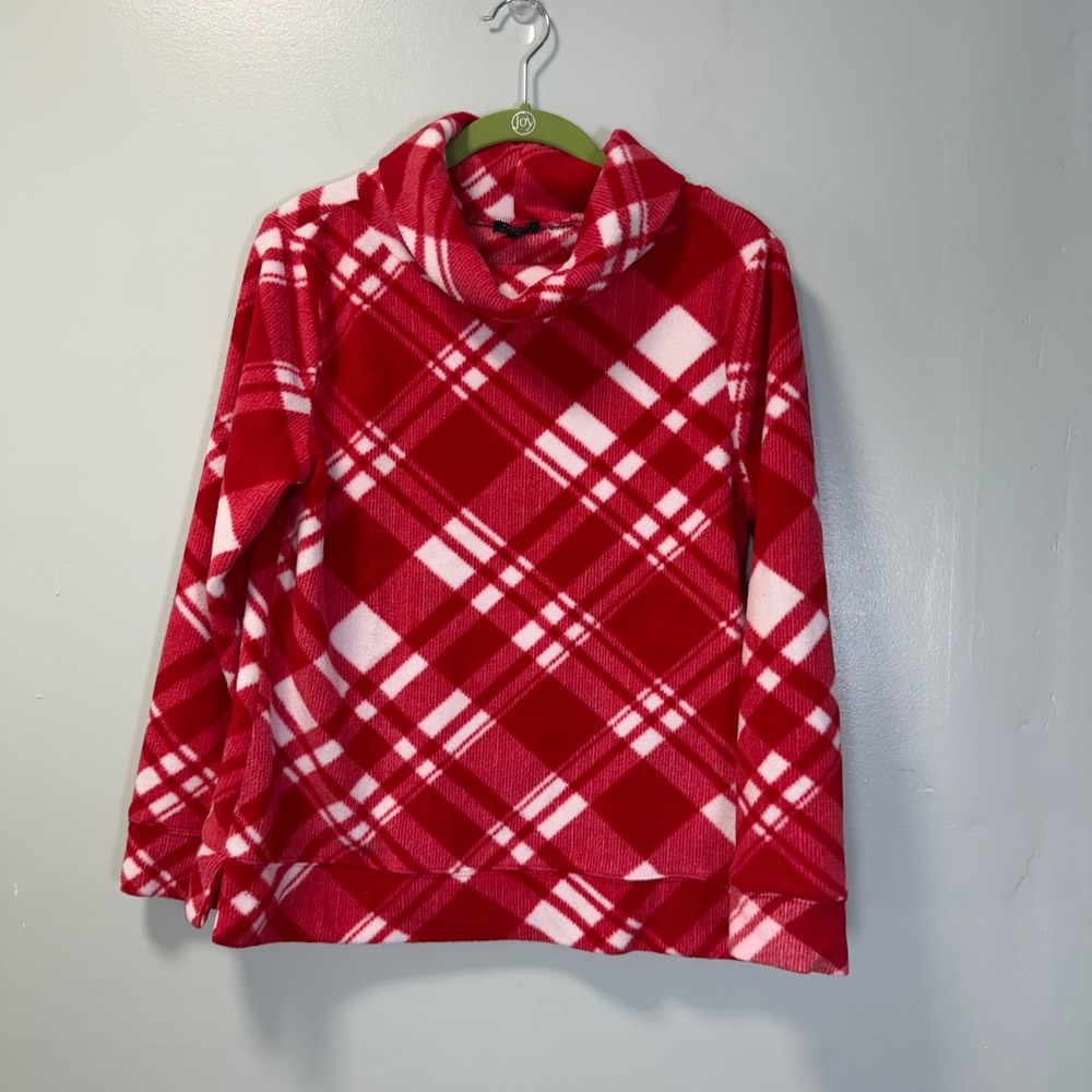 Talbots Red White Plaid Fleece Cowl Neck Pullover Top Petite Medium